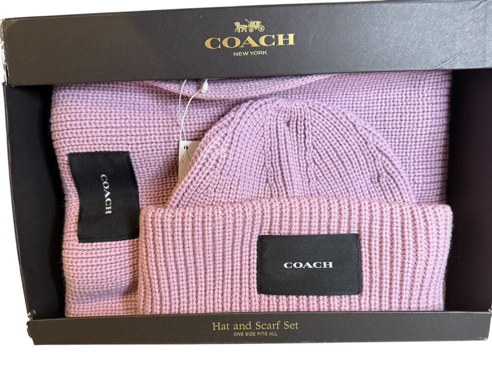 Coach Woven Patch Knit Beanie & Scarf Set Faded Pink